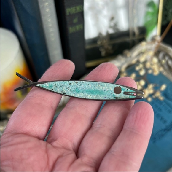 Vintage Sterling Turquoise Modernist Fish Sardine Pin - Picture 2 of 5